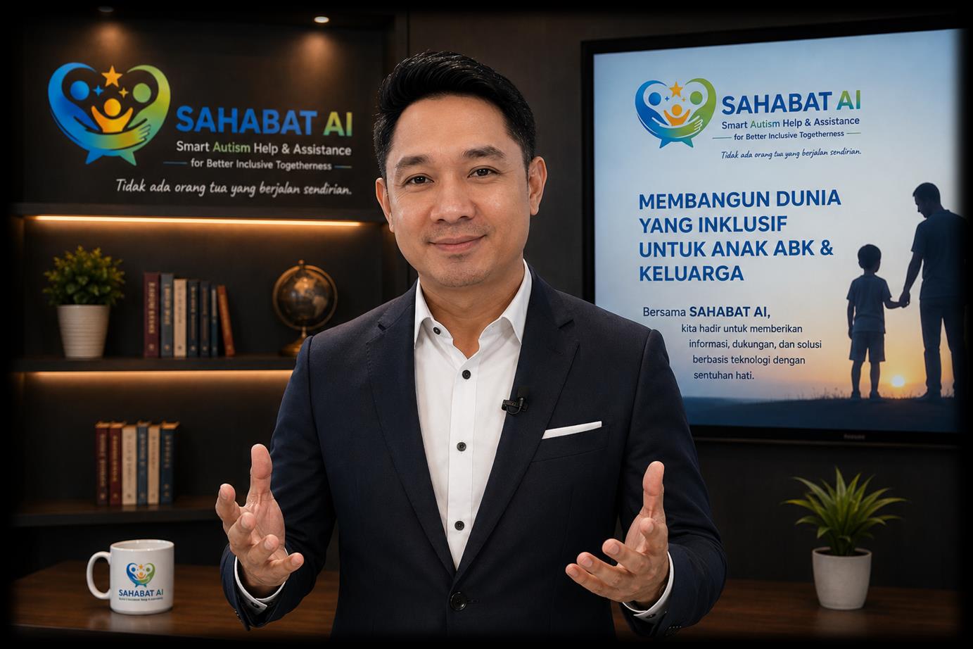 Victor Boris, Founder SAHABAT AI, berdiri di ruang kerja dengan identitas SAHABAT AI di latar belakang.